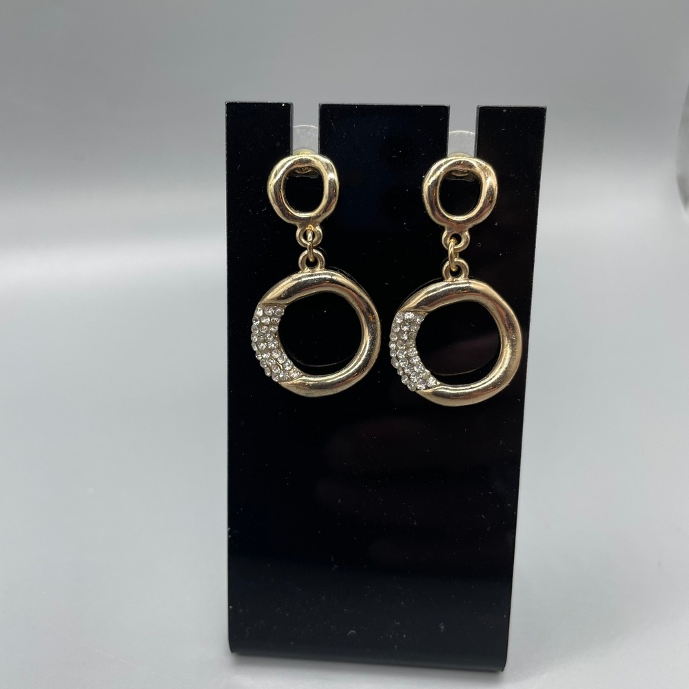 Gold‎ Tone Rhinestone Pave Organic Open Circle Drop Dangle Earrings